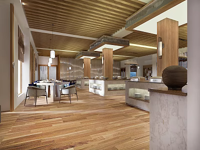 Modern Restaurant Interior With Open Layout Wooden Ceiling And Dining Tables 3d model