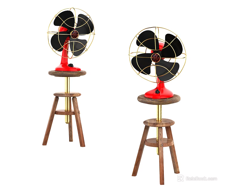 Vintage Cooling Fans with Black Blades Red Base and Golden Mesh on Wooden Stools 3d model 
