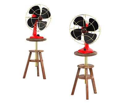 Vintage Cooling Fans with Black Blades Red Base and Golden Mesh on Wooden Stools 3d model