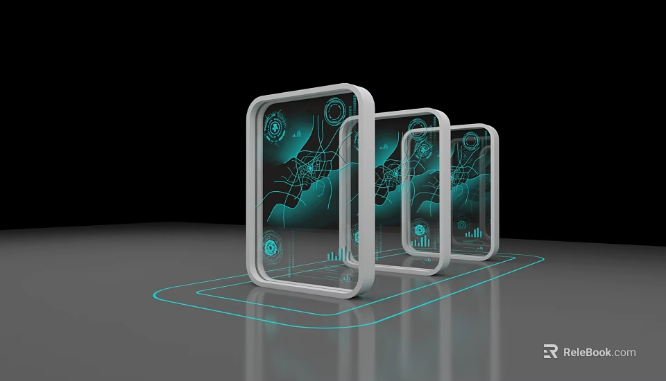 Transparent Smartphones With Holographic Projection And Blue Lines On Black Background 3d model 