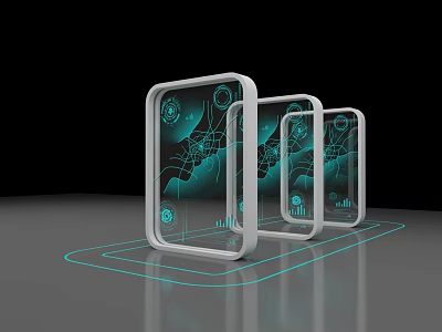 Transparent Smartphones With Holographic Projection And Blue Lines On Black Background 3d model