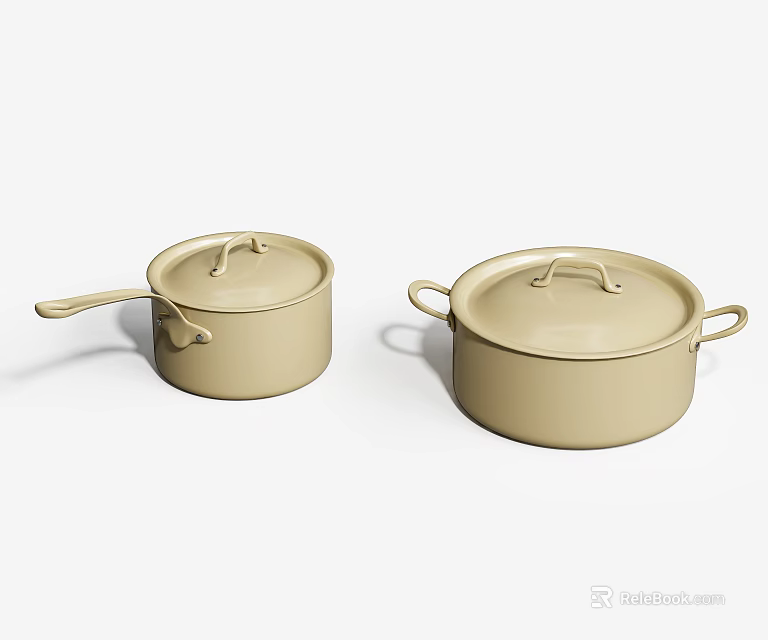 Beige Kitchen Cooking Pots With Lids Long Handle And Double Handles Design 3d model 