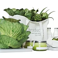 Fresh Green Vegetables Cabbage Artichoke with Green Paste White Trays and Bottles in Canvas Bag