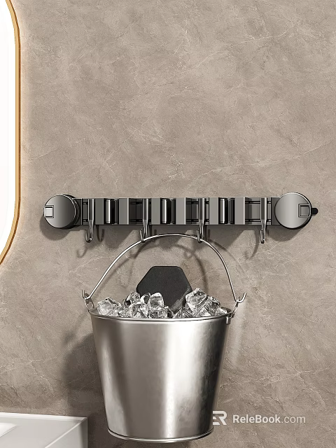 Modern Bathroom Accessories With Black Metal Wall Mounted Hook Rack And Metal Bucket 3d model 