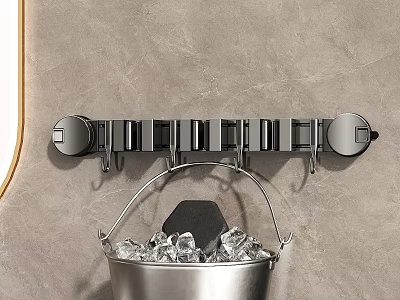 Modern Bathroom Accessories With Black Metal Wall Mounted Hook Rack And Metal Bucket 3d model