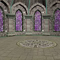 Arched Stone Hall With Purple Stained Glass Windows And Intricate Mosaic Floor