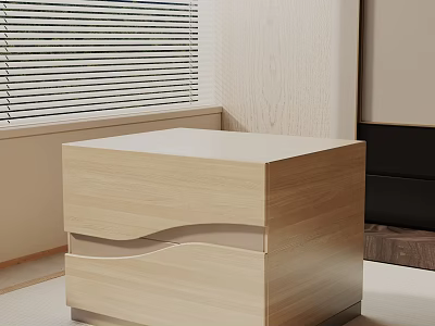 Modern Wooden Bedside Table With Wavy Drawers Near Window And Wooden Wall 3d model
