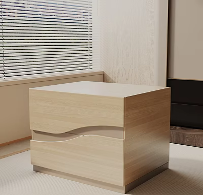 Modern Wooden Bedside Table With Wavy Drawers Near Window And Wooden Wall 3d model