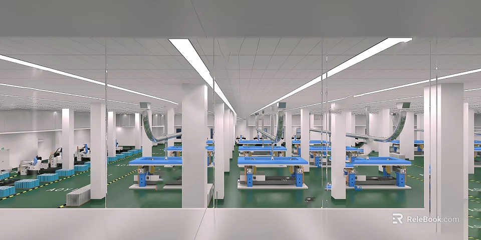 Industrial Workshop Interior With White Pillars Green Flooring Blue Workbenches And Long Strip Lights 3d model 