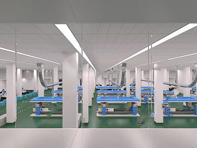 Industrial Workshop Interior With White Pillars Green Flooring Blue Workbenches And Long Strip Lights 3d model