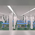 Industrial Workshop Interior With White Pillars Green Flooring Blue Workbenches And Long Strip Lights