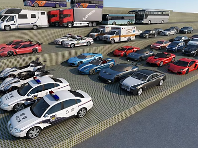 Various Types of Cars Including Police Sports Cars RVs Trucks and Buses on 3d model