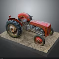 Vintage Red Tractor Model Display On Rustic Base With Detailed Wheels And Old Style Design