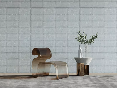 Modern Acrylic Leisure Chair with Side Table and Potted Plant Against Grey Brick Wall 3d model
