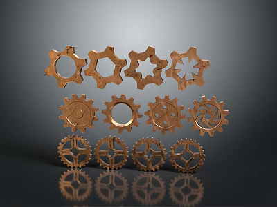 Hardware Tools Featuring Copper Colored Gears With Various Designs Arranged In Rows 3d model