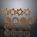 Hardware Tools Featuring Copper Colored Gears With Various Designs Arranged In Rows