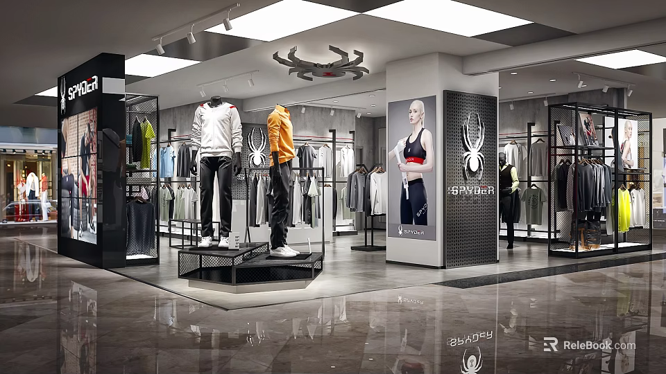 Sportswear Display In Modern Clothing Store With Mannequins Shelves And Bright Lighting 3d model 