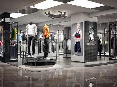 Sportswear Display In Modern Clothing Store With Mannequins Shelves And Bright Lighting 3d model
