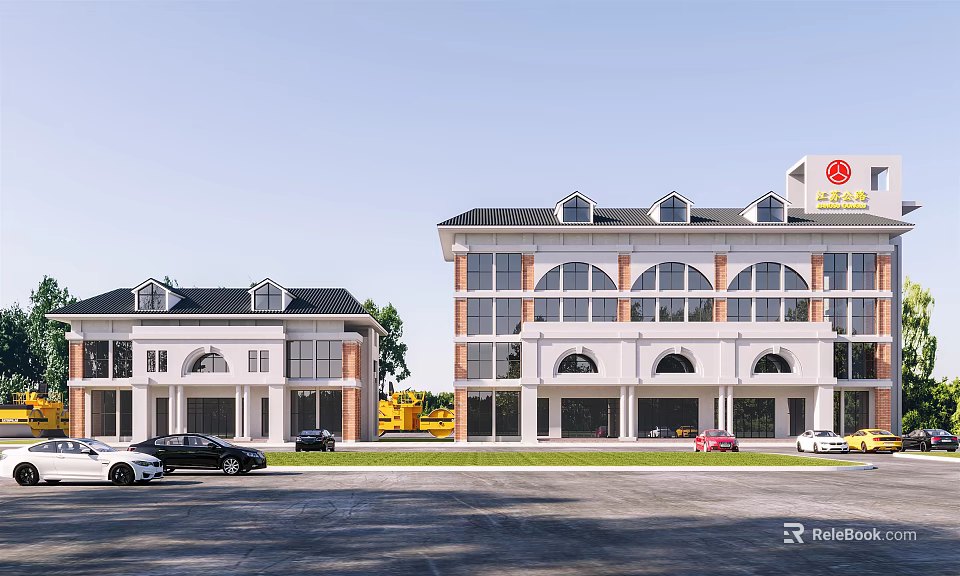 Modern Office Building Exterior With Arched Windows Parking Area And Green Lawn 3d model 
