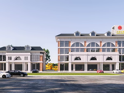 Modern Office Building Exterior With Arched Windows Parking Area And Green Lawn 3d model