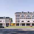 Modern Office Building Exterior With Arched Windows Parking Area And Green Lawn