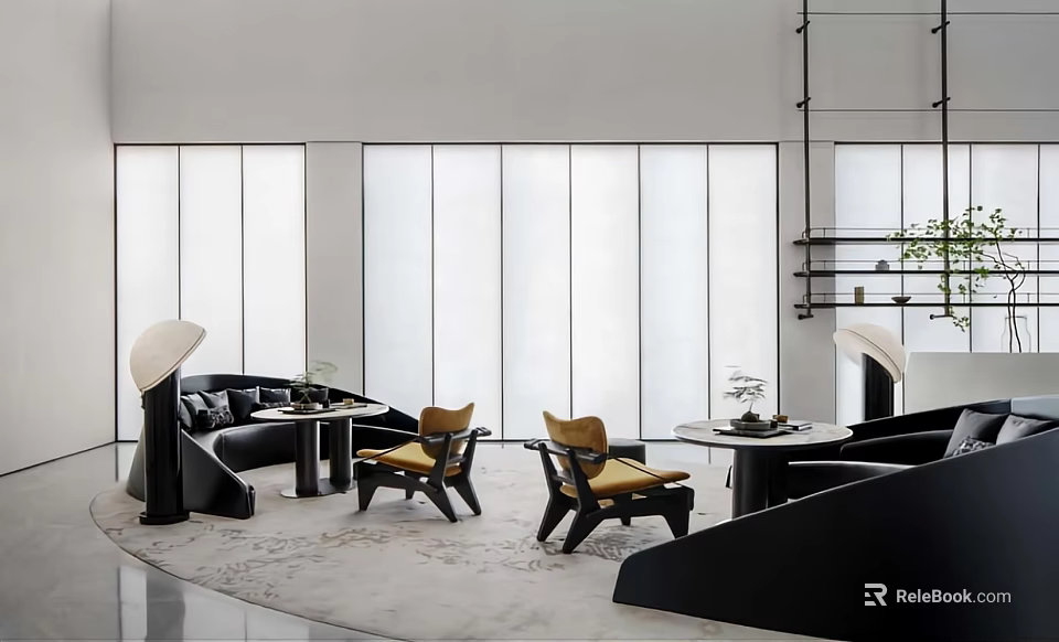 Modern Lounge Area Interior Design With Curved Sofa Yellow Chairs And Round Rug 3d model 