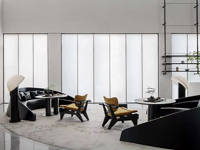 Modern Lounge Area Interior Design With Curved Sofa Yellow Chairs And Round Rug 3d model