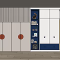 Modern Wardrobe With Blue And White Panels Open Shelves For Books And Decorations