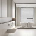 Minimalist Light Gray Bathroom With Bathtub Towel Double Sinks And Window Blinds 3d model