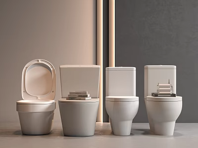 Four Modern Toilets with Open and Closed Lids in Minimalist Bathroom 3d model