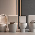 Four Modern Toilets with Open and Closed Lids in Minimalist Bathroom