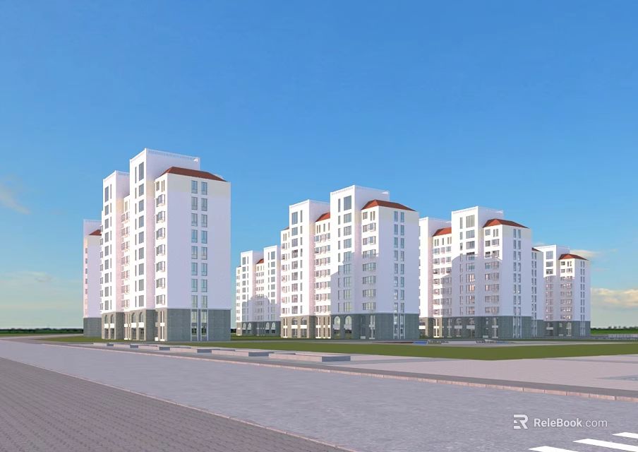 Multi story Residential Buildings with White Exterior Red Roofs and Green Surroundings 3d model 
