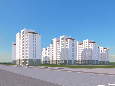 Multi story Residential Buildings with White Exterior Red Roofs and Green Surroundings 3d model