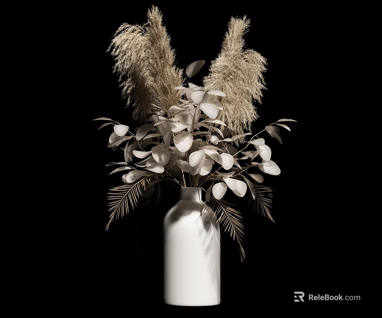 White Vase With Dried Flowers White Leaves And Pampas Grass On Black Background 3d model 