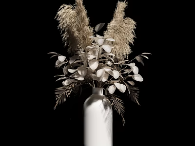 White Vase With Dried Flowers White Leaves And Pampas Grass On Black Background 3d model