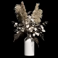White Vase With Dried Flowers White Leaves And Pampas Grass On Black Background
