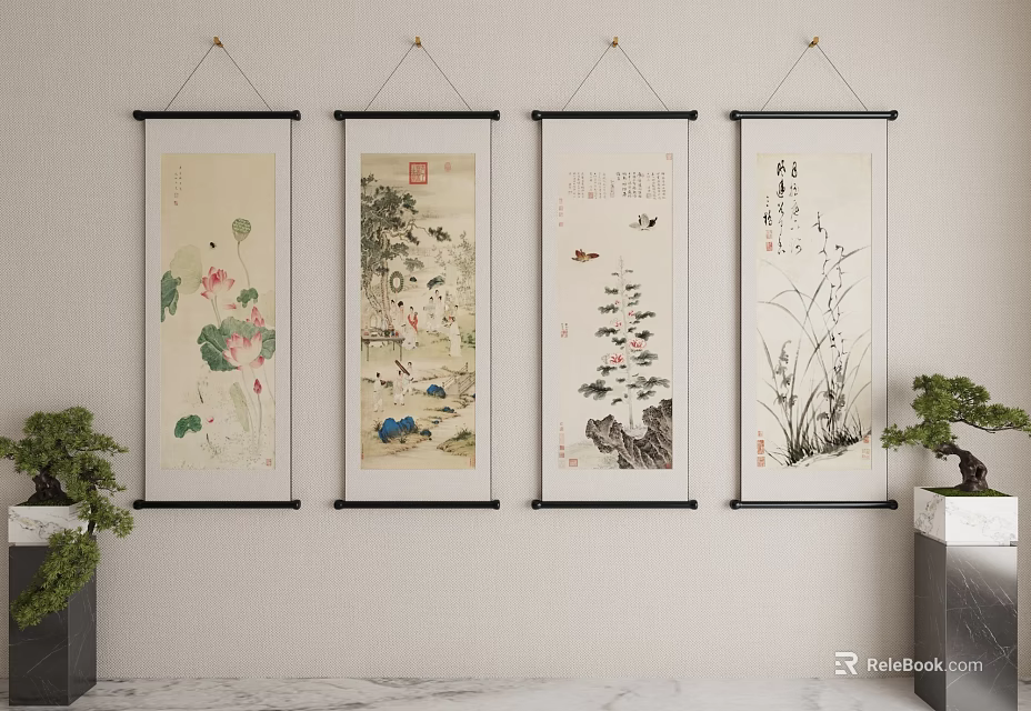 Traditional Chinese Scroll Paintings With Lotus Birds Mountains And Orchids Hanging On Wall 3d model 