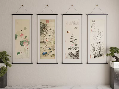 Traditional Chinese Scroll Paintings With Lotus Birds Mountains And Orchids Hanging On Wall 3d model