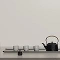 Minimalist Tea Set With Black Teapot White Teacups On Wooden Tray