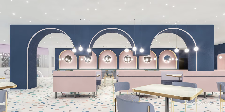 Stylish Restaurant Interior With Blue Arched Walls Pink Booths Round Mirrors And Pendant Lights 3d model 