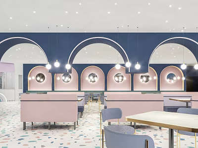 Stylish Restaurant Interior With Blue Arched Walls Pink Booths Round Mirrors And Pendant Lights 3d model