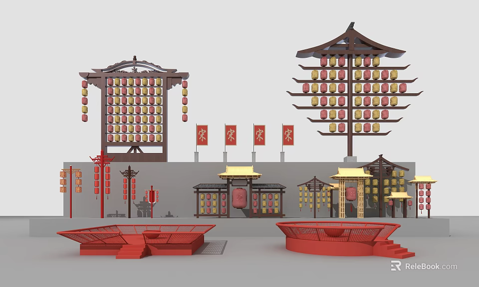Traditional Chinese Lantern Displays With Architectural Frames And Red Decorative Elements 3d model