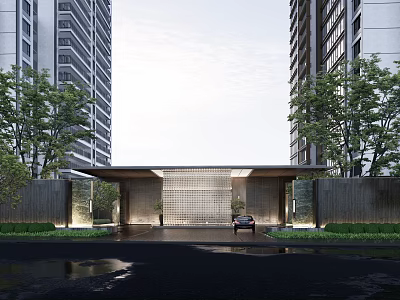 Modern Commercial Landscape Entrance Design With High Rise Buildings Stone Walls And Green Plants 3d model