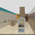 Neat Pharmacy Store Interior Featuring Shelves With Medicines Products And Glass Counter