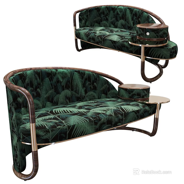 Elegant Green Tropical Leaf Pattern Velvet Chaise Lounge With Brown Armrests And Brass Accents 3d model 