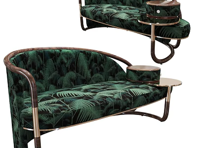 Elegant Green Tropical Leaf Pattern Velvet Chaise Lounge With Brown Armrests And Brass Accents 3d model