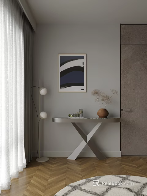Elegant Entryway Console Table With Decorative Vase And Modern Floor Lamp 3d model