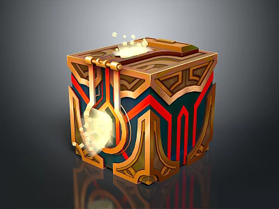 Ornate Golden Cube With Red Blue Stripes Glowing Light And Reflective Base 3d model