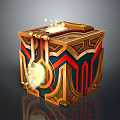 Ornate Golden Cube With Red Blue Stripes Glowing Light And Reflective Base