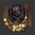 Antique Wooden Treasure Chest With Gold Coins Jewelry And Leather Hat